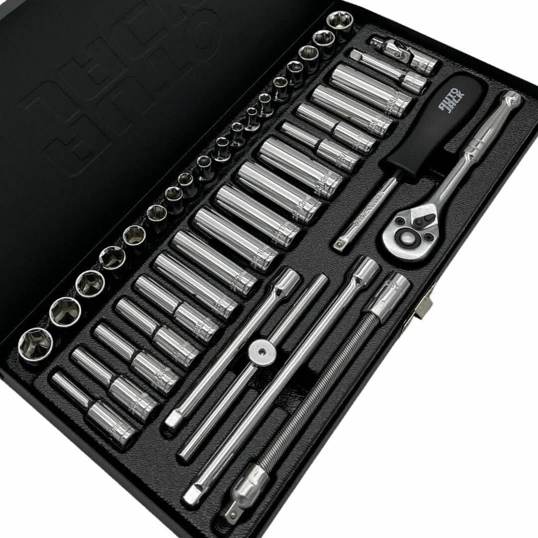 Autojack 41-Piece Socket Set 1/4" Drive Metric & Imperial 4–13mm Standard & Deep Sockets Premium Ratchet Set with Metal Storage Case