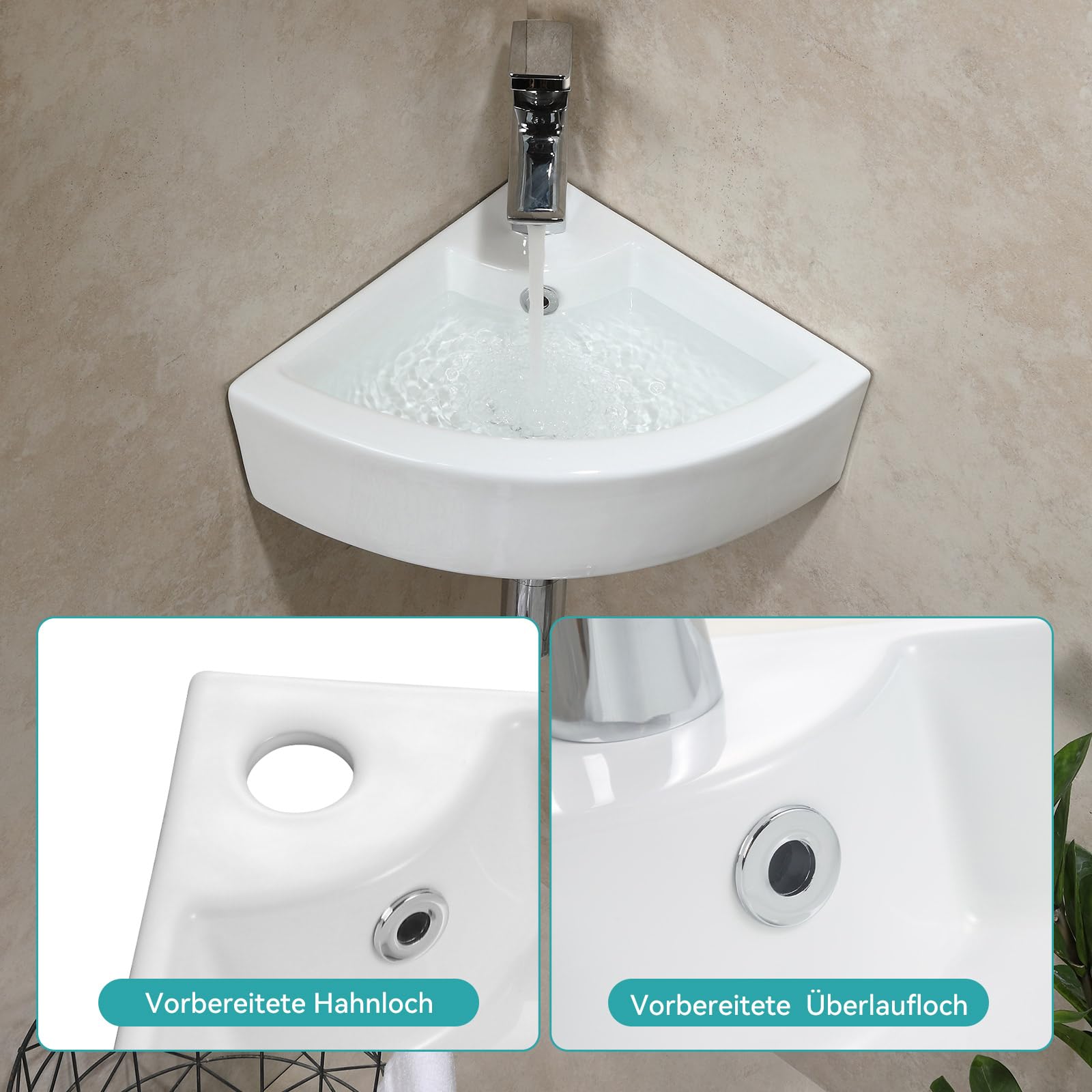 Teal Home Lavabo Esquinero de Cerámica para Baño - Mini Lavabo de Pared para Invitados, 46 x 32 x 12,5 cm, Con Rebosadero
