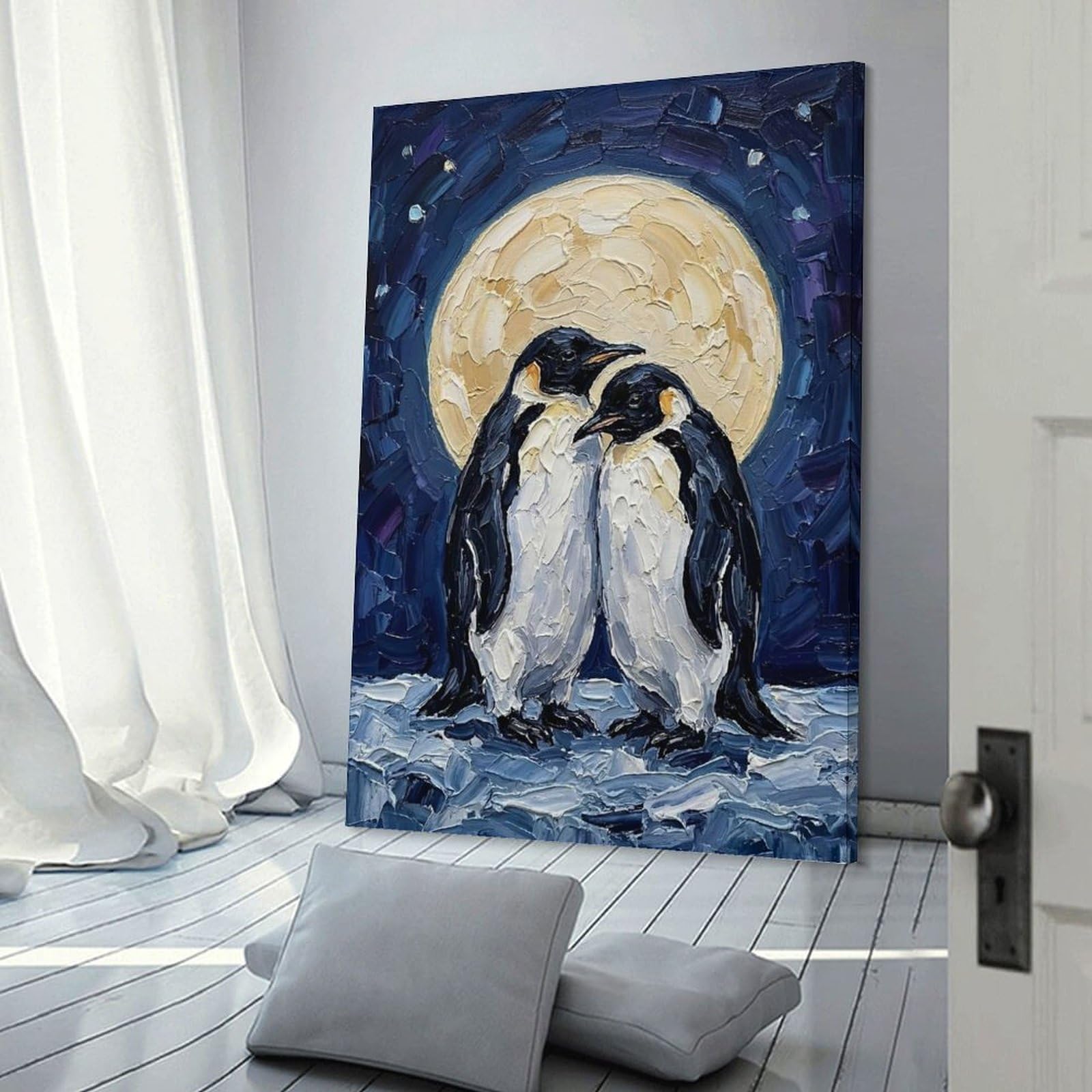 Junmoney Hanging Wall Art Penguins Under The Full Moon, 24x36inch(60x90cm), for Living Room, Bedroom Or Apartment Walls, Decorative Artwork for Empty Walls