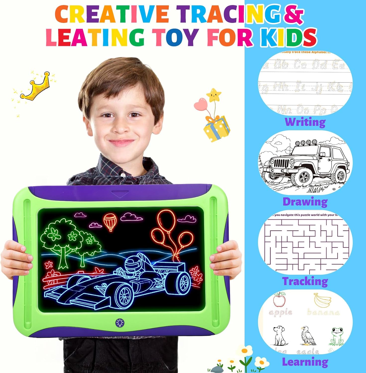 Magic LED Drawing Board for Kids Age 6-8, Light Up Tracing Pad Boy Girl Toys, Reusable Doodle Writing Tablet, 9 Double-Sided Cards, 6 Markers, Arts Crafts Learning Toy, Easter Christmas Birthday Gifts
