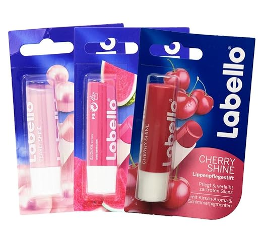 Labello Pearly Shine, Labello Watermelon Shine, Labello Cherry Shine Lip Balm Bundle