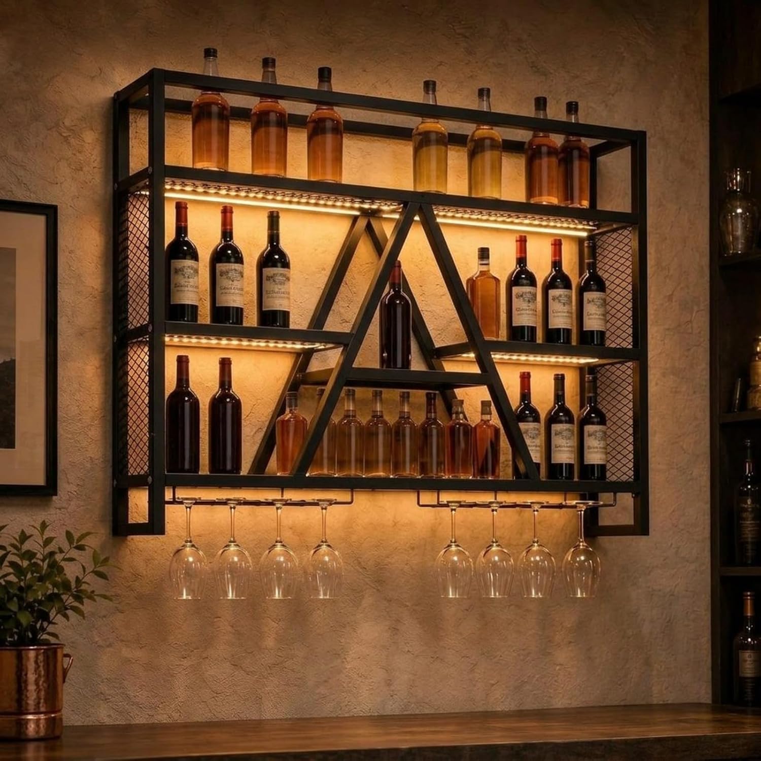 Marsui 39.4" Wall Mounted Wine Rack with LED, 3-Tier Bar Shelf, A-Frame