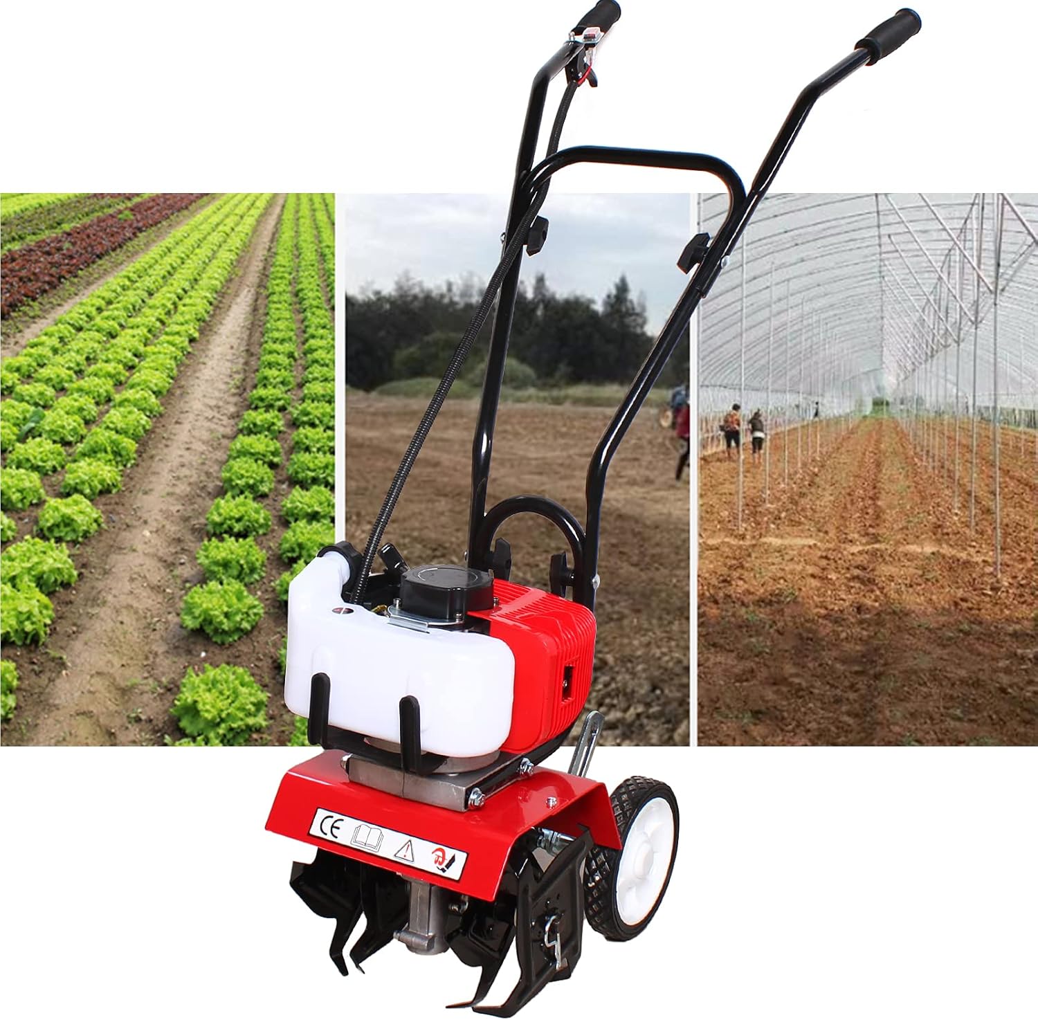 52cc Tiller Cultivator Gas Powered ,Single-Cylinder Gasoline Engine Rototiller Gas Powered, Air-Cooled 2 Stroke Garden Mini Tiller Cultivator,1.9KW Cultivated Land Reclamation Micro Tillage Ripper