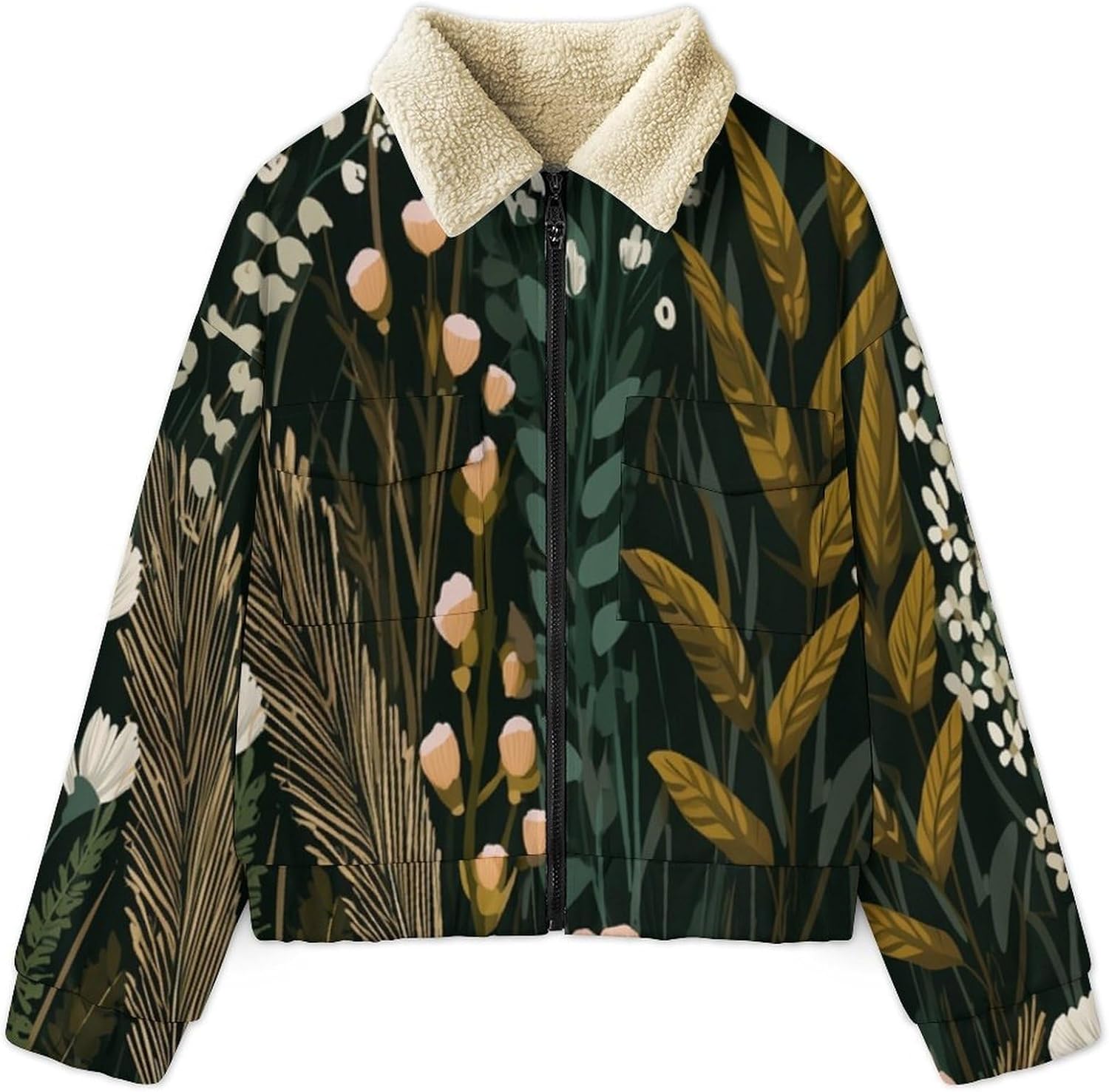 Women's Full Zip Soft Polar Fleece Jacket, Abstract Plants Printed Outdoor Recreation Coat, Long Sleeve Outerwear