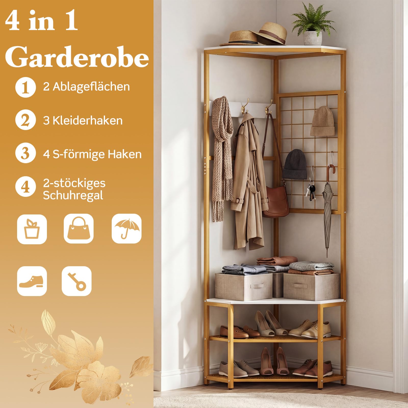 COSTWAY 3 in 1 Eckgarderobe Metall, platzsparende Garderobenständer mit 4 Haken, 2 Schuhregalen & Anti-Kipp-Set, freistehende Kleiderständer für Flur & Schlafzimmer, 49 x 49 x 171 cm