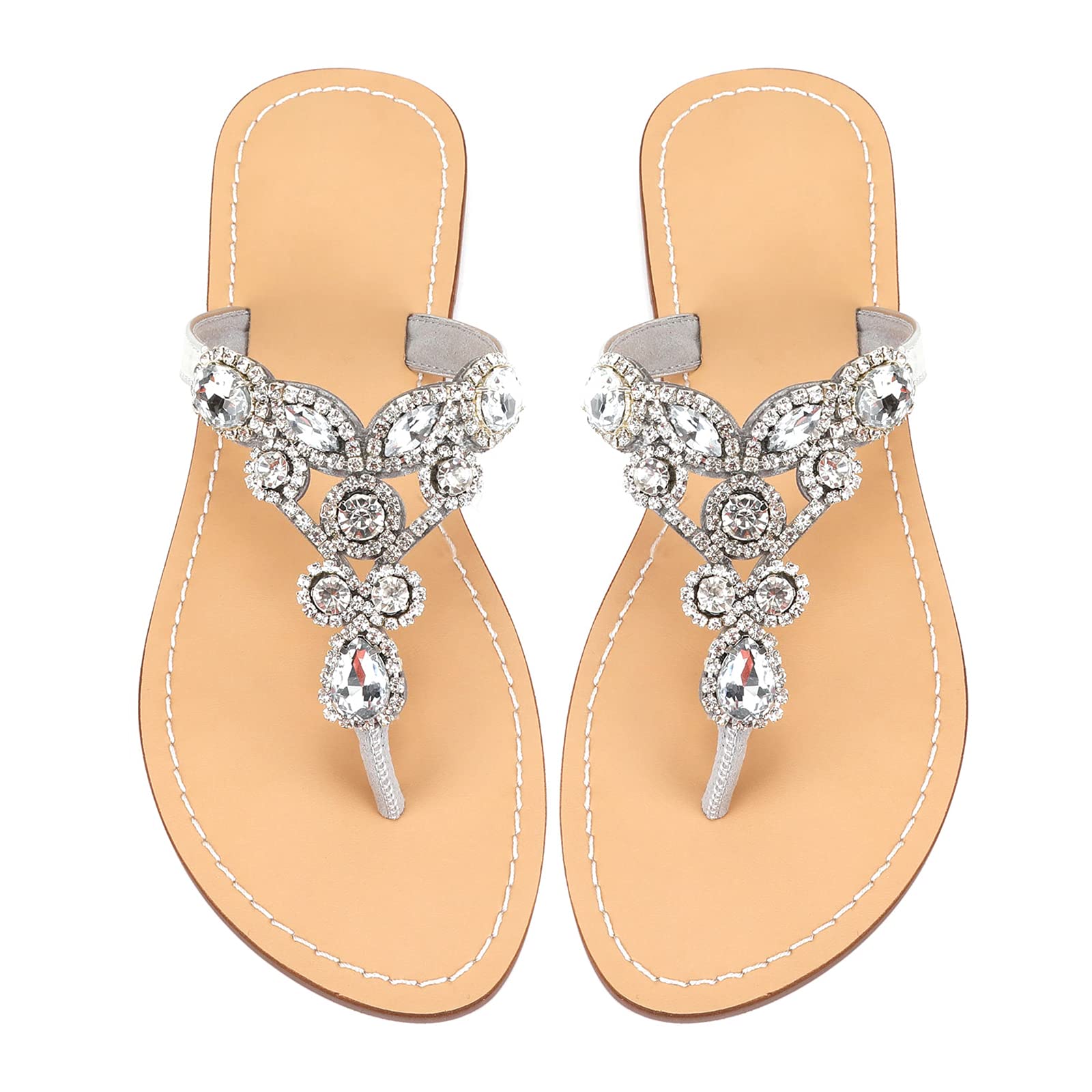 AIJIVOU Women's Rhinestone Flat Sandals, Women Flip Flops with Clip Toe RingBeadeed Rhinestone Crystal Jeweled Sandal Shoes for Summer Beach Oceanside