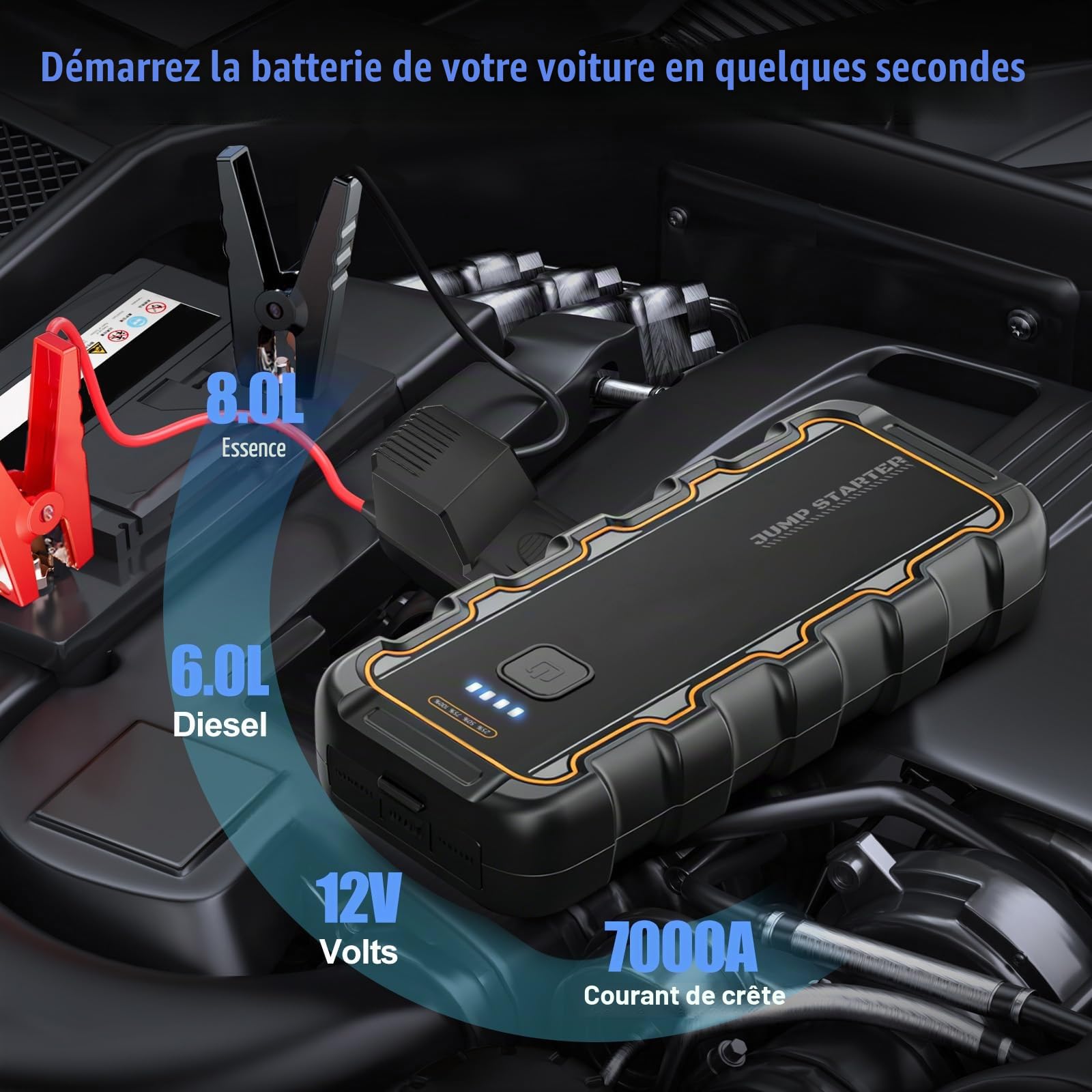 Booster Batterie 7000 A Démarreur de Batterie de Voiture Portable (Jusqu'à 8.0 L Gaz 6.0 L Gazole) 12 V Jump Starter avec Pinces Intelligentes pour Voiture Camion Moto SUV Camping-Car et Urgence