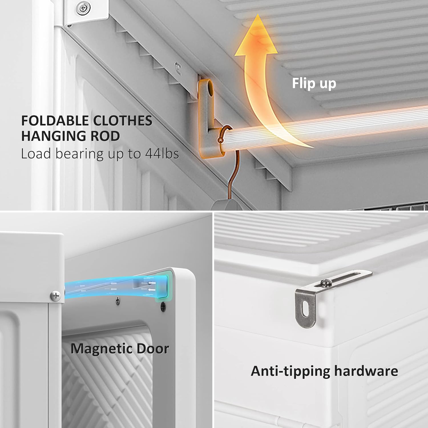 Close-up images showing the foldable clothes hanging rod flipping up, a magnetic door mechanism, and anti-tipping hardware.