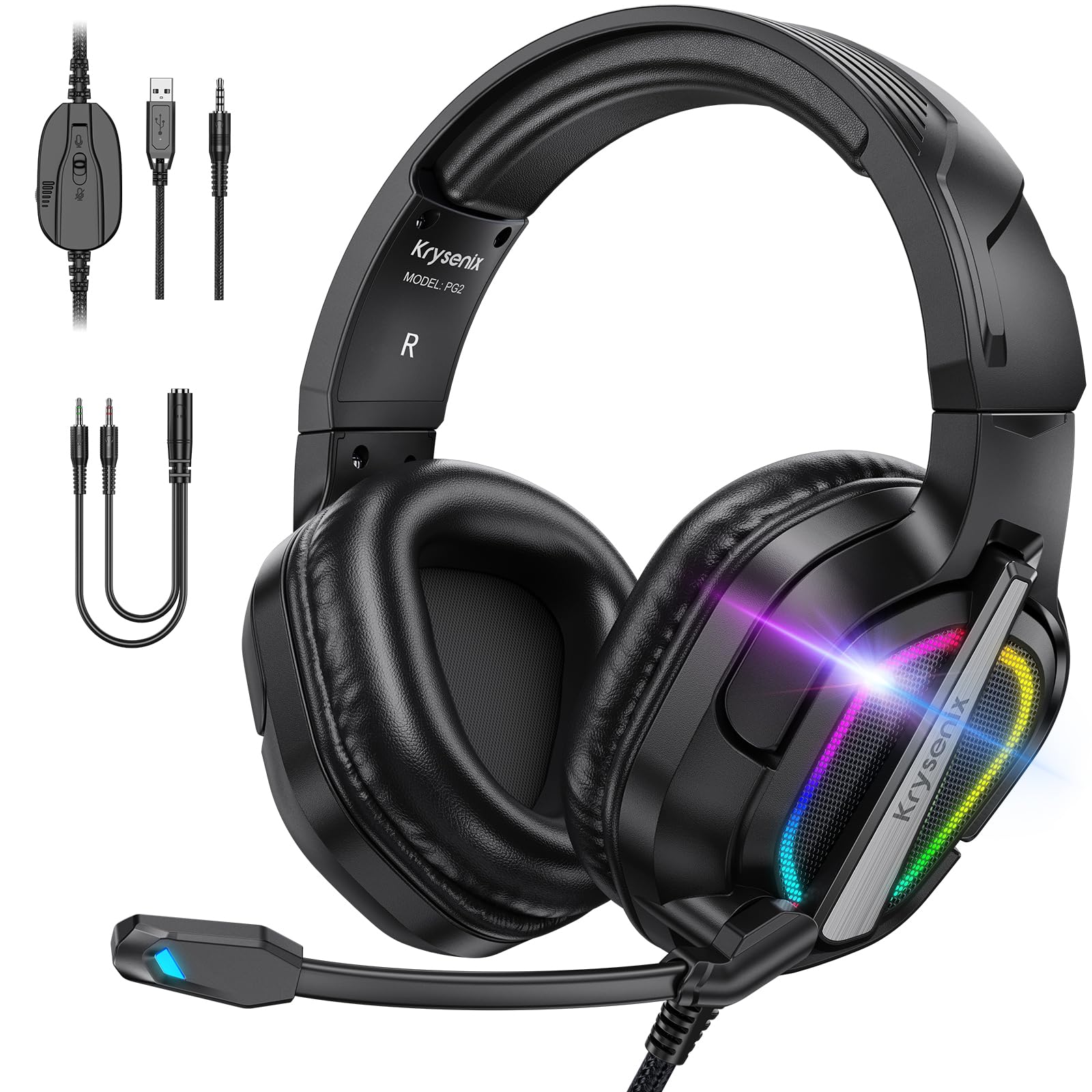 Krysenix PG2 RGB Gaming Headset für PS4, PS5, PC, Xbox,Switch,Ps5 Gaming Headset mit Mikrofon, Over-Ear Kopfhörer,Ps4 Kopfhörer mit 3,5mm Klinke,Reines Schwarz