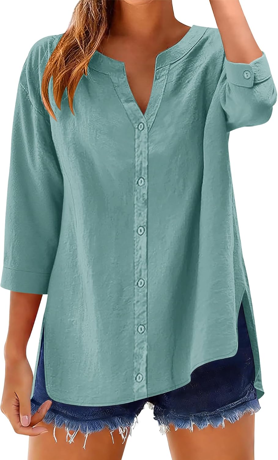 LOMON 3/4 Length Sleeve Womens Tops V Neck 3/4 Sleeve Sides Slit Button Down Shirts Cotton Linen Casual Loose Blouses