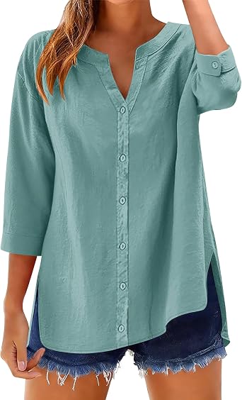 LOMON 3/4 Length Sleeve Womens Tops V Neck 3/4 Sleeve Sides Slit Button Down Shirts Cotton Linen Casual Loose Blouses