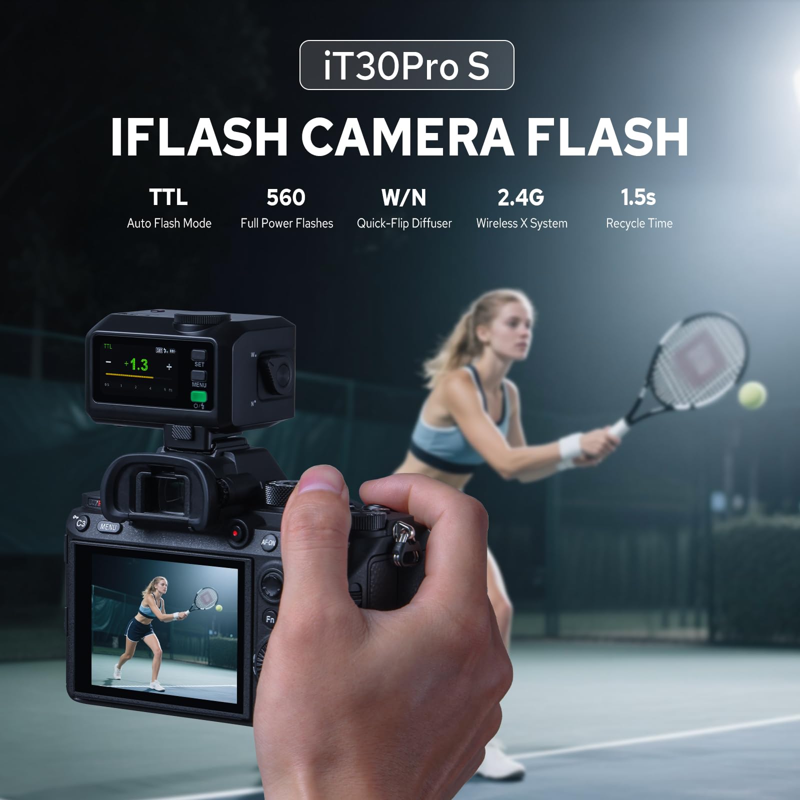 Godox iT30Pro-S Flash für Sony, 2,8" Vollfarb-Touchscreen, 2,4G X Wireless TTL 1/8000 HSS Speedlight, 1,5s Recycle, 560 Vollstärke-Blitze mit eingebautem Akku Tragbarer Taschenflash (schwarz)