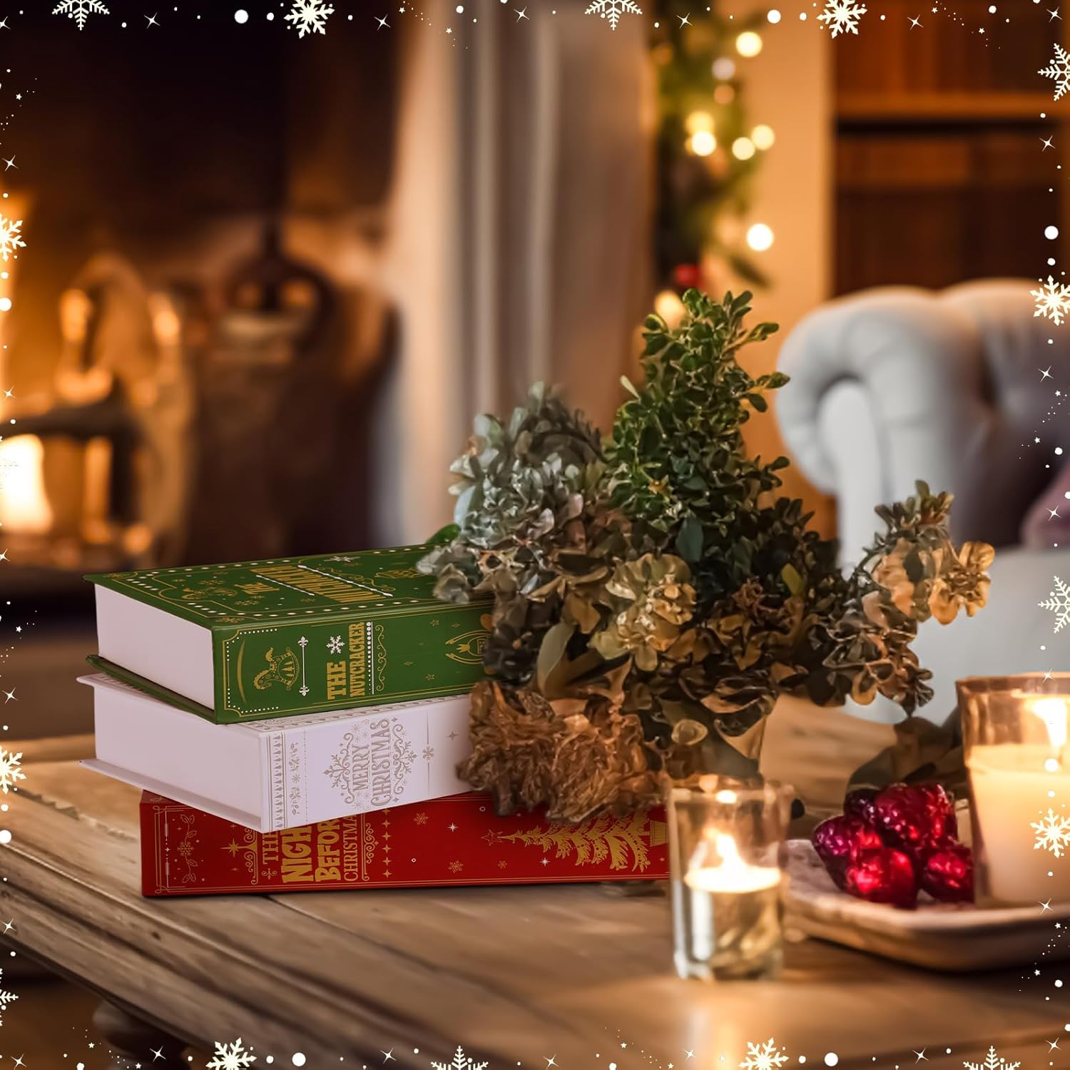 Pasimy Set of 4 Christmas Decorative Faux Book Storage Box With Magnetic Cover - Large Holiday Book Stack Winter Paper Vintage Decor for Hidden Bookshelves and Home Office