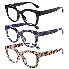 KSSESSE Reading Glasses for Women Men Square Oval Readers with Spring Hinge Thick Frame Style (Black/Demi White/Demi Blue-Clear Lens, 0.75, x)