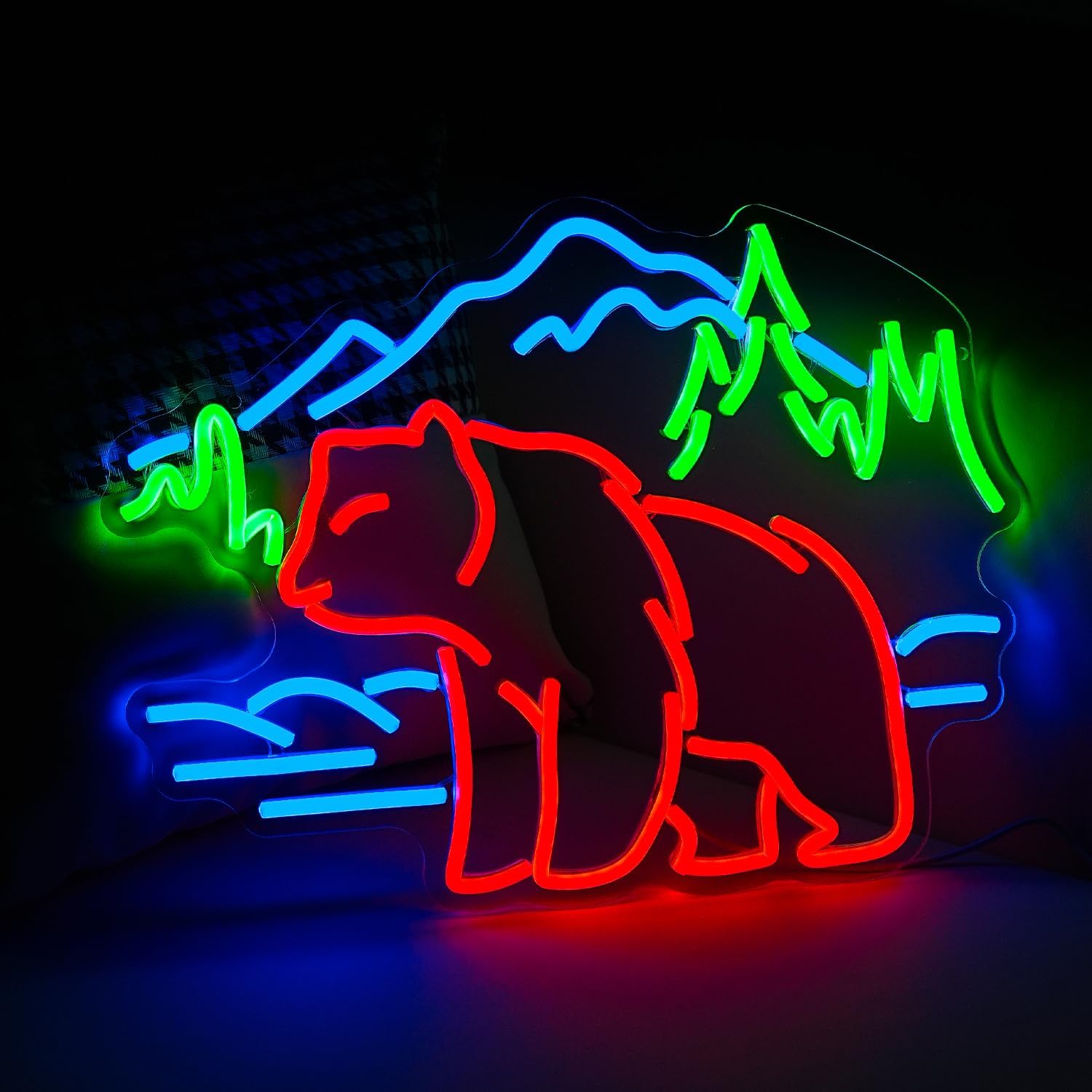 Bear Neon Sign for Wall Decor Dimmable Mountain LED Neon Light Bear Mountains Neon Light Signs Powered by USB for Living Room Hotel Zoo Neon Decor(16.5”*12.6”)
