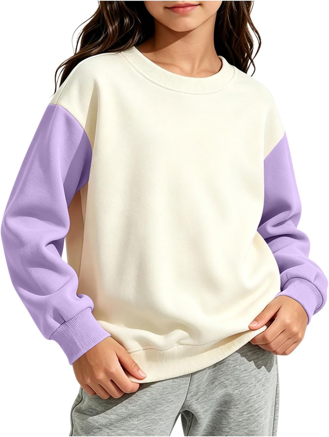Girls Color Block Sleeve Warm Fleece Crewneck Sweatshirt