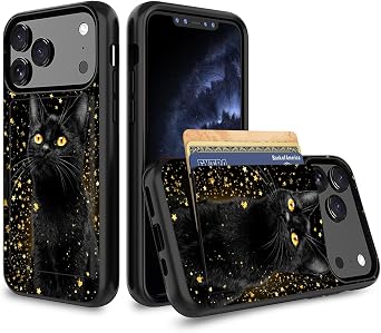 for iPhone 17 Pro Max Case with Card Holder,Shockproof Armor Silicone Hybrid Rugged Protective Wallet Cover Case for iPhone 17 Pro Max,Black Cat with Golden Stars