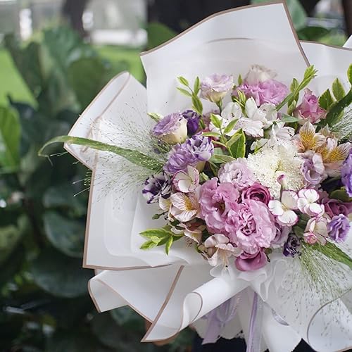 Miniatura 9 de VOWOVOSDAY 20 piezas de papel de regalo de flores blancas, papel de regalo de ramo de flores incluyendo cinta, papel de regalo floral impermeable de