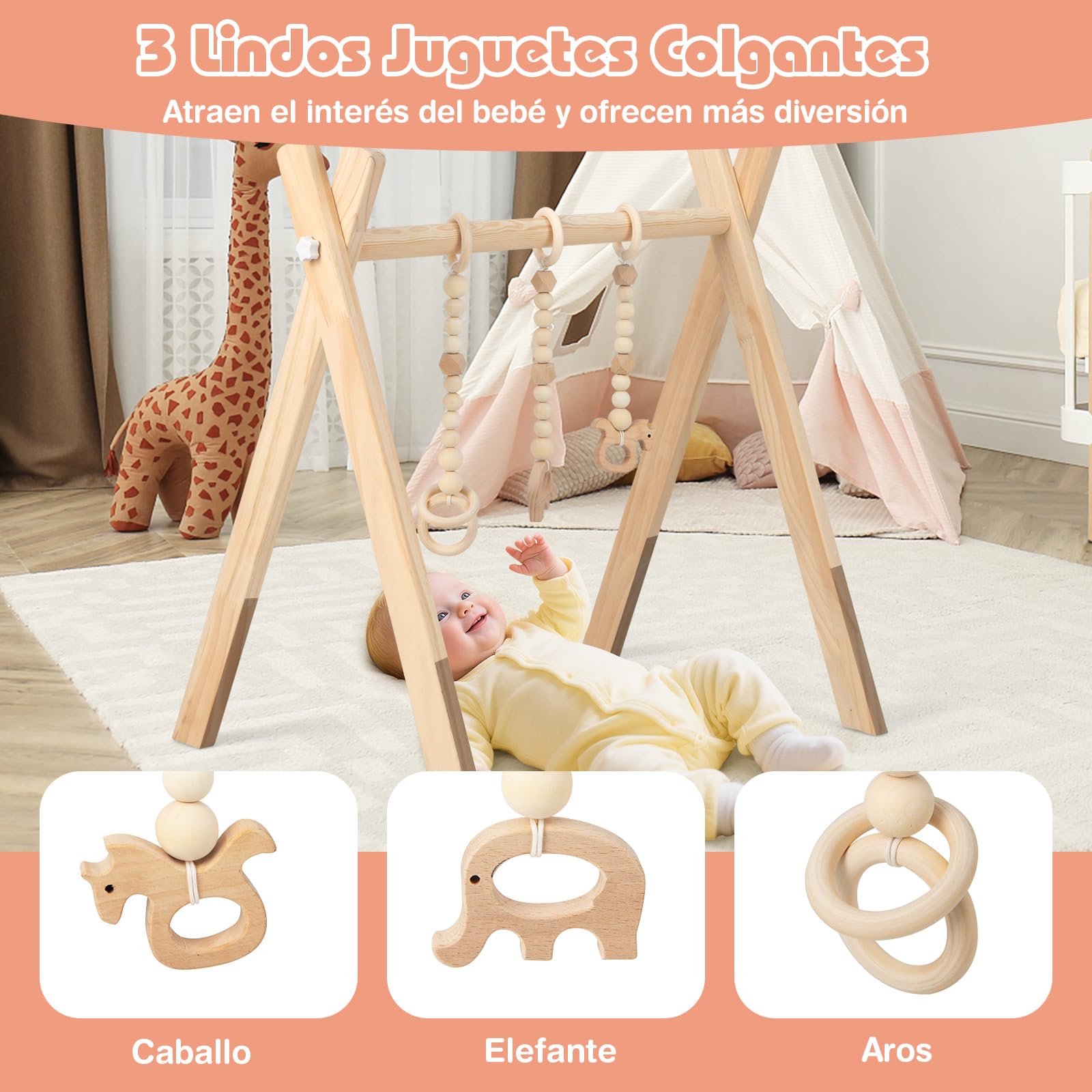 COSTWAY Gimnasio para Bebé de Madera Centro de Actividade con Juguete de Más de 3 Meses, Arco Plegable de Madera para Bebé con 3 Juguetes Extraíbles para Niños (Natural)