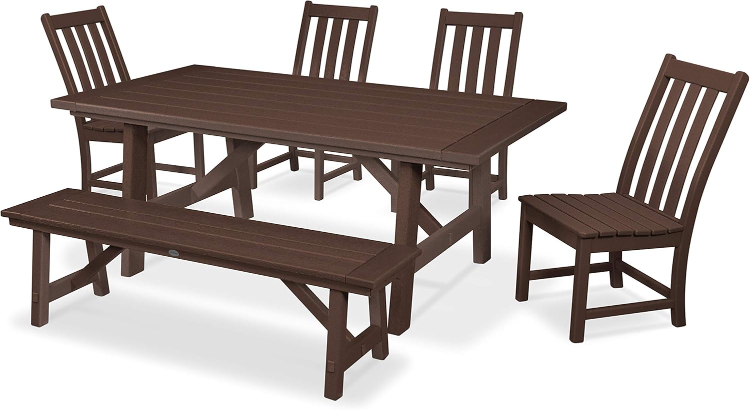 POLYWOOD Vineyard 6-Piece Outdoor Dining Set Black - HDPE Composite Patio Furniture Set with 4 Farmhouse Dining Chairs, Bench and Table - All-Season Backyard Deck Garden Furniture