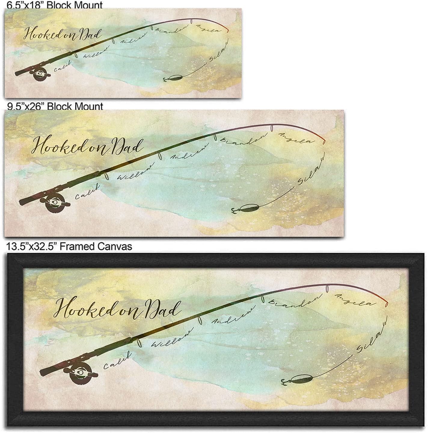 Personal-Prints Hooked on Dad, Customized Fishing Pole Art With Children's Names - Father's Day Gift (6.5"x18" Block Mount, Color)