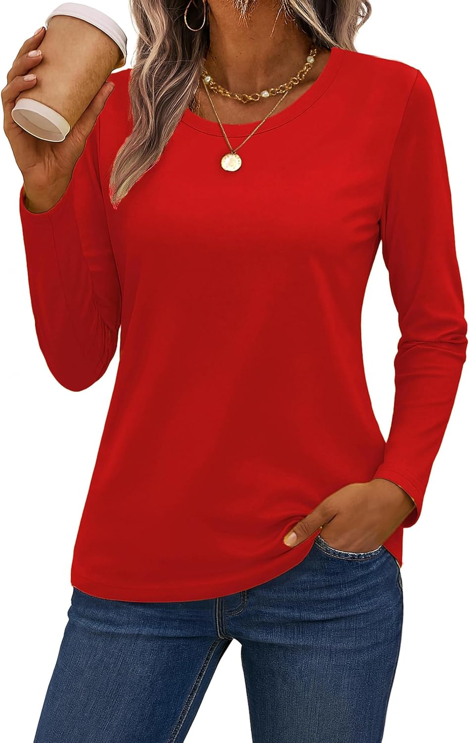 SMENG Women's Long Sleeve Crewneck Cotton Basic T-Shirt Solid Color Soft Comfy Casual Tops Fall Shirts for Women 2025