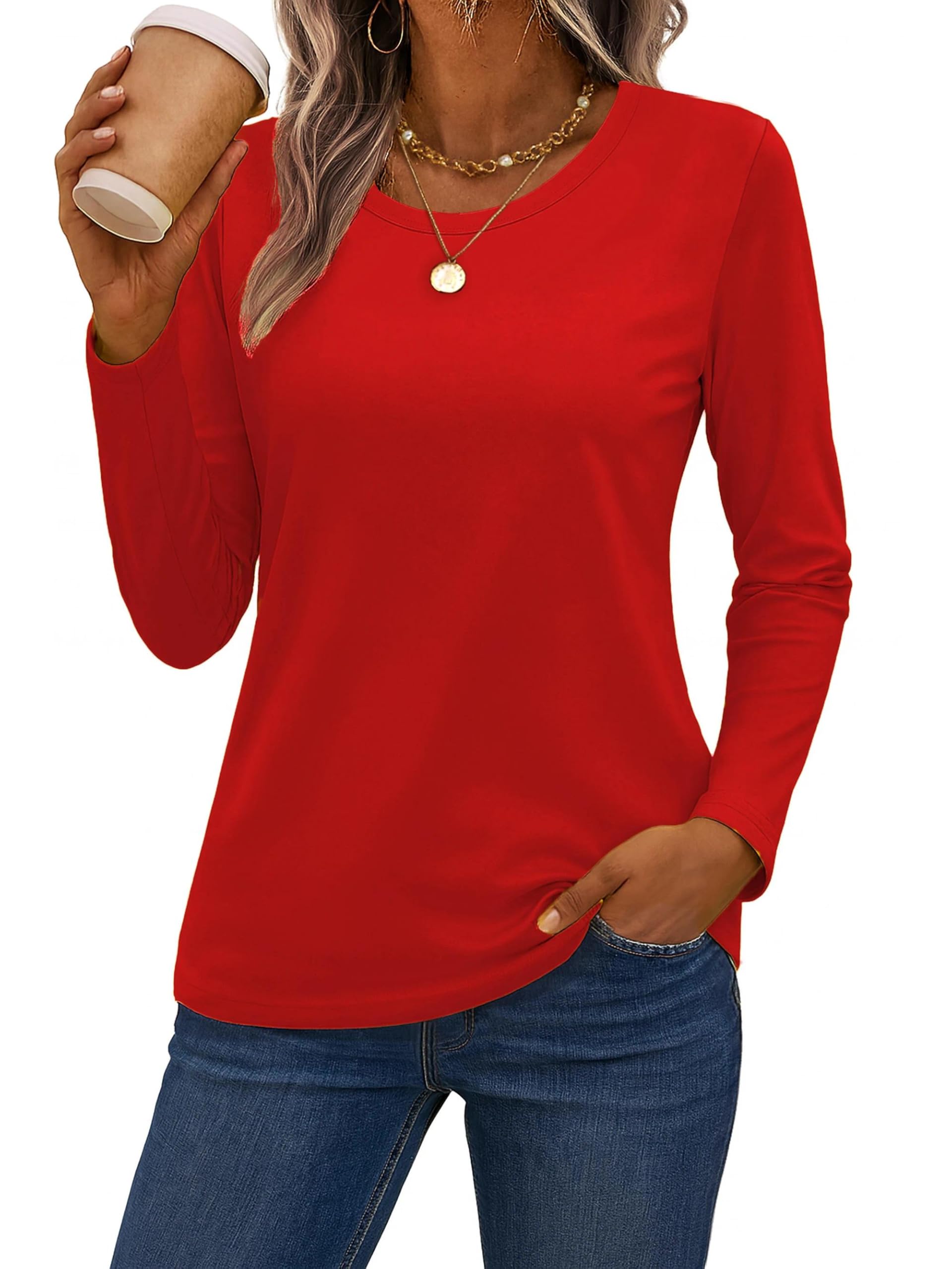 SMENG Women's Long Sleeve Crewneck Cotton Basic T-Shirt Solid Color Soft Comfy Casual Tops Fall Shirts for Women 2025