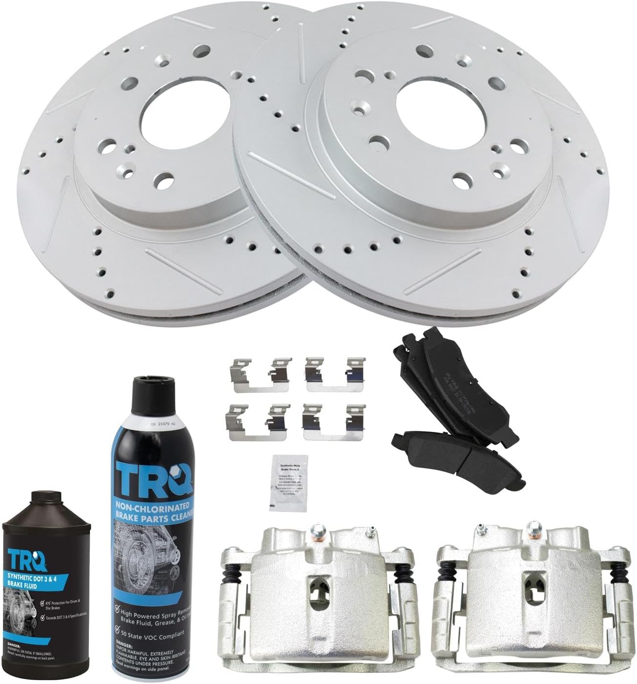 TRQ Front Performance Brake Pad & Rotor Kit Brake Caliper Brake Chemical Kit Brake Pads Brake Rotors Set Semi-Metallic Premium G-Coated Compatible with 2005-2006 GMC Sierra 1500