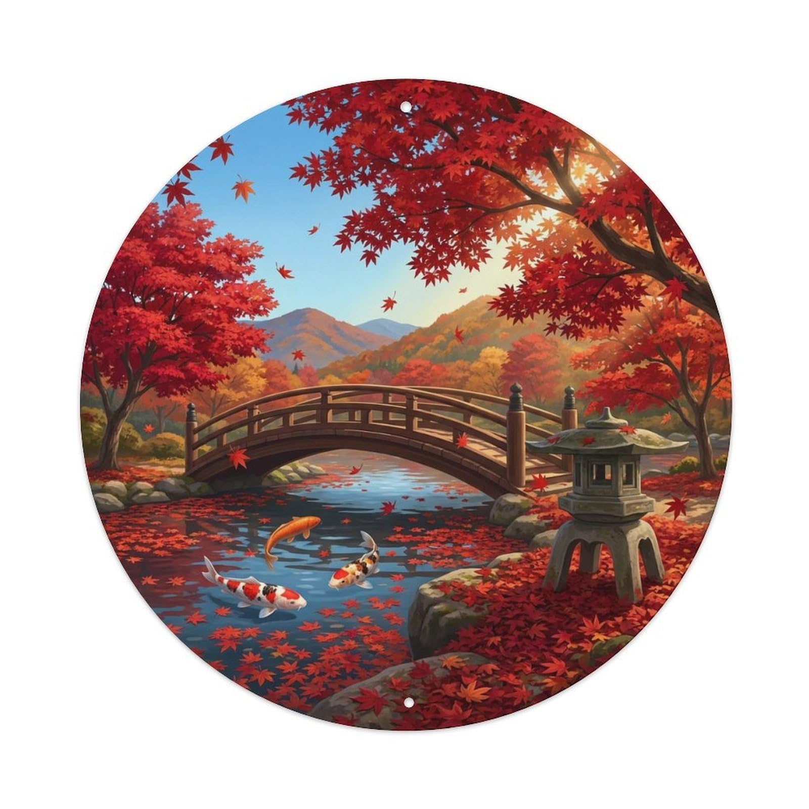 Japanese Koi Fish Crimson Maple Autumn Glory Vintage Metal Tin Sign Plaque Wall Decor for Cafe, Club Bar, Office, Garden Metal Poster 8x8Inch