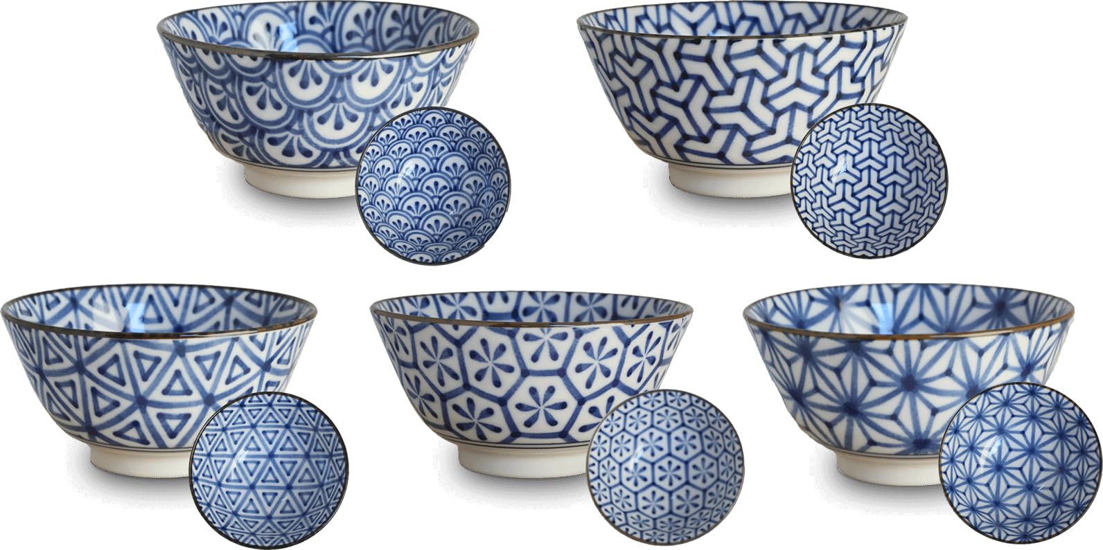 5 Stück - Schüsseln Set - Japanisches Geschirr blau - Geschirrset - Essset - Nudelset - Schalen Set - Servierschalen - Frühstücksschalen - Dessertschalen - Suppenschalen - Müslischalen - Salatschüssel