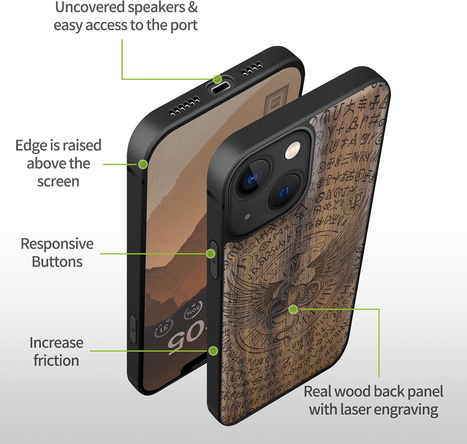 Carveit Magnetic Wood Case for iPhone 13 Mini Case [Hard Real Wood & Soft TPU] Unique & Classy Wooden Shockproof Hybrid Protective Cover Compatible with MagSafe (Winged Serpent Blade -Walnut)