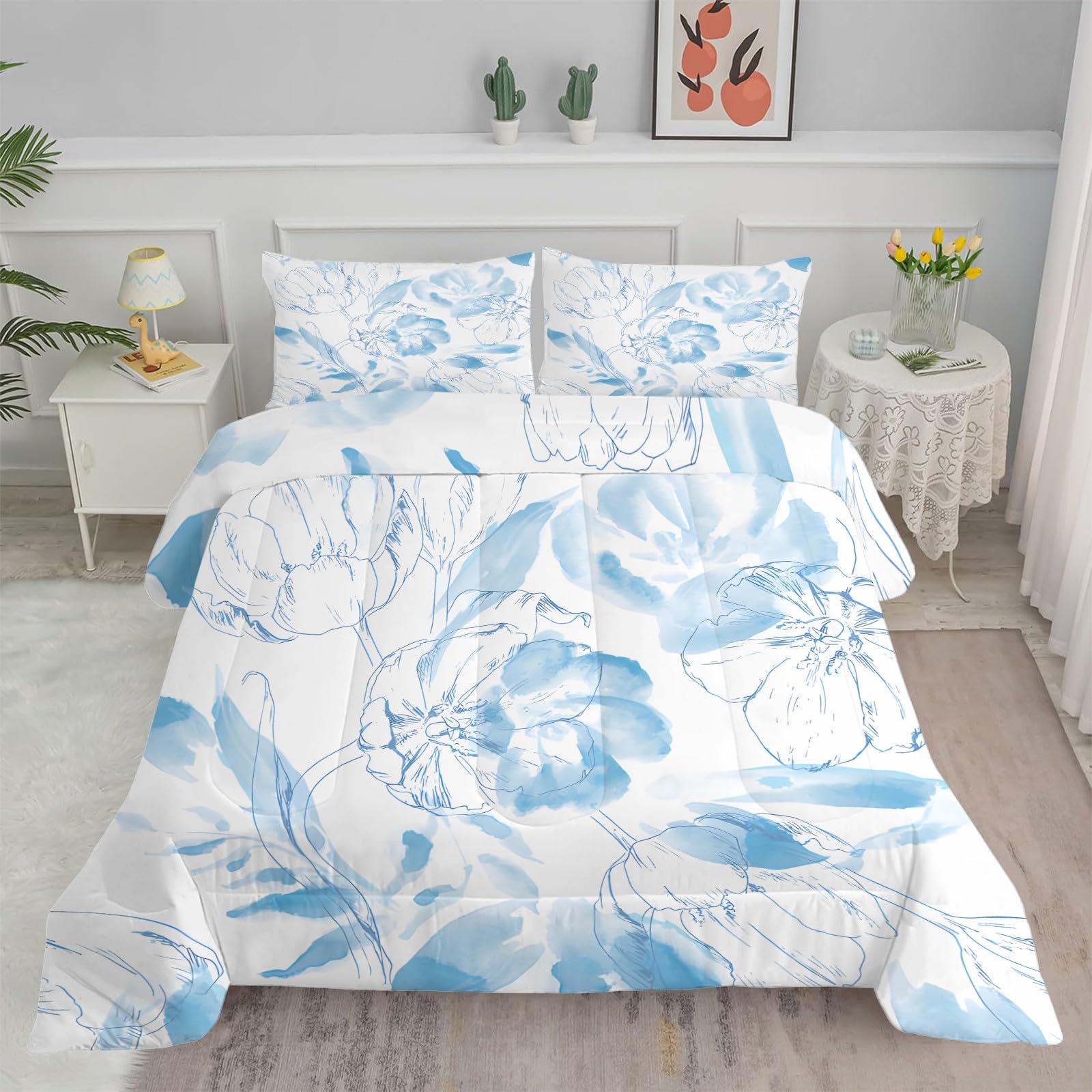 Syhi Qlty Queen Size Duvet Blue Flower Pattern Reversible Coverless Duvet Queen Quilt Soft lightweight Duvet, Comforter Sets for all Seasons and Machine Washable – Queen 228x228cm AM9