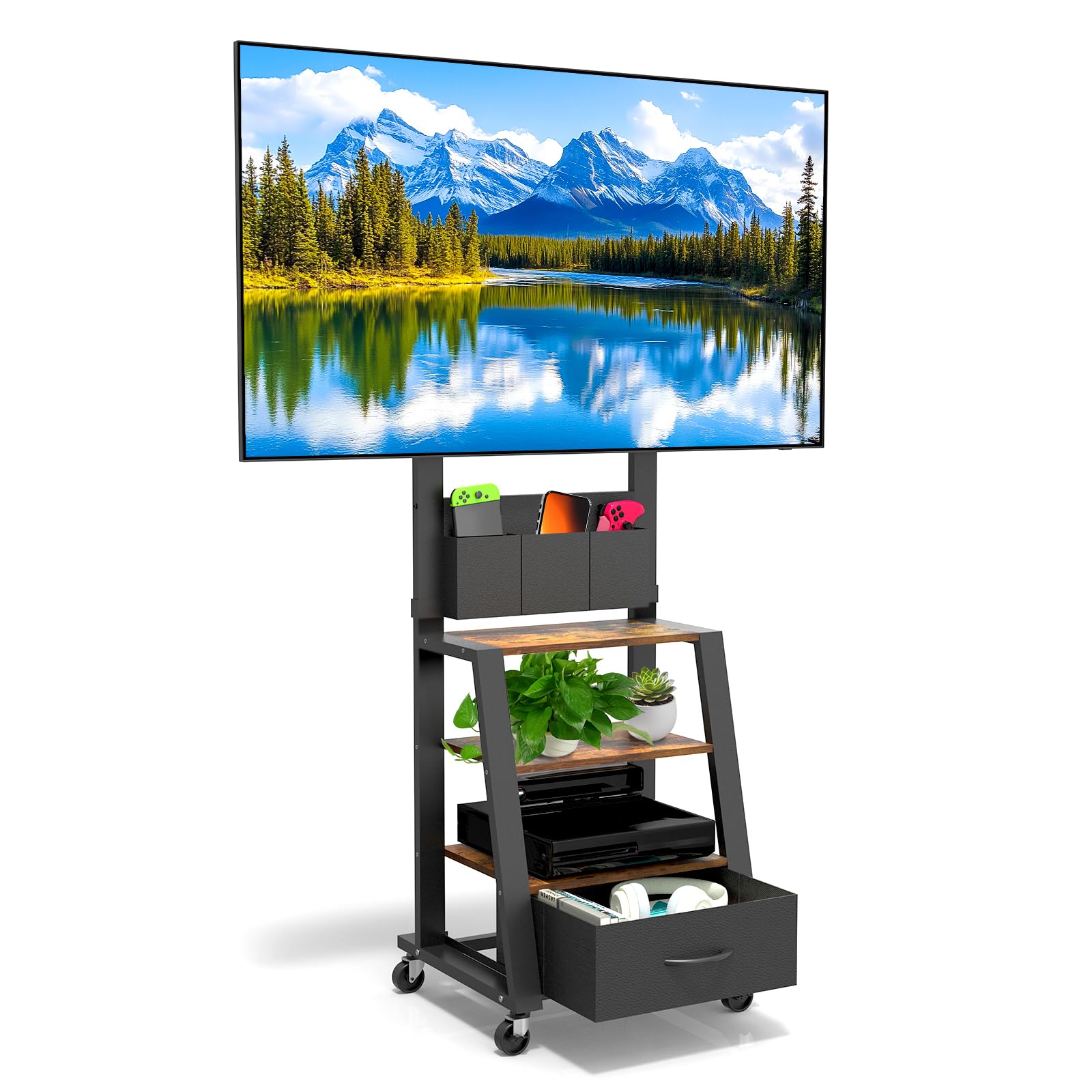 Mobile porta TV con ruote, cassetto e 3 ripiani per TV piatti/curvi da 23"-60", mas 72 kg, per LCD/LED/OLED. Carrello mobile con altezza regolabile per casa, ufficio e esterni, VESA mas 400x400mm