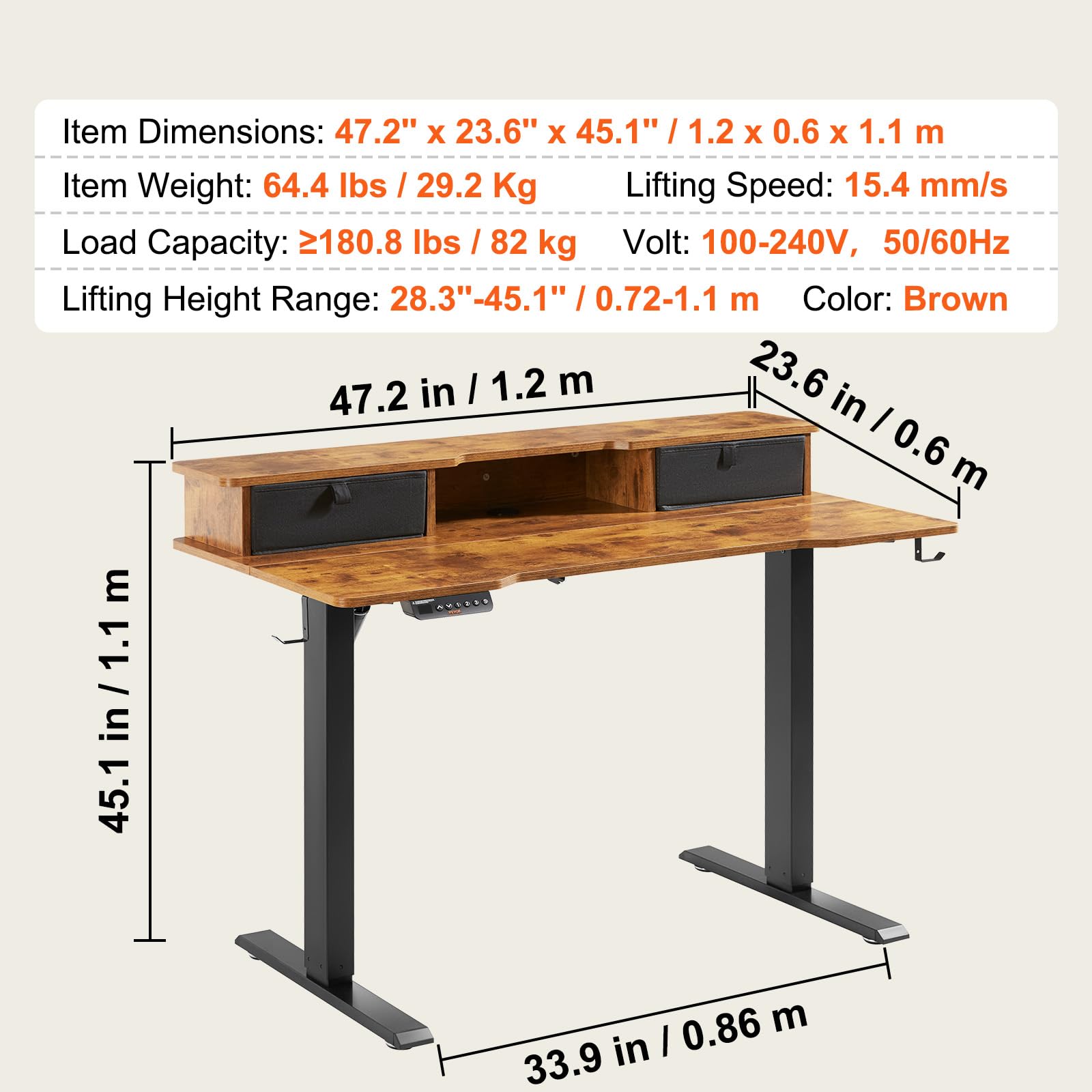 VEVOR Biurko elektryczne z regulacją wysokości, 120 x 60 cm, biurko stojące, 0,72-1,1 m, regulowane sterowanie pamięcią, dwuwarstwowe, duże biurko pod komputer, obciążenie 82 kg, brązowe, stół