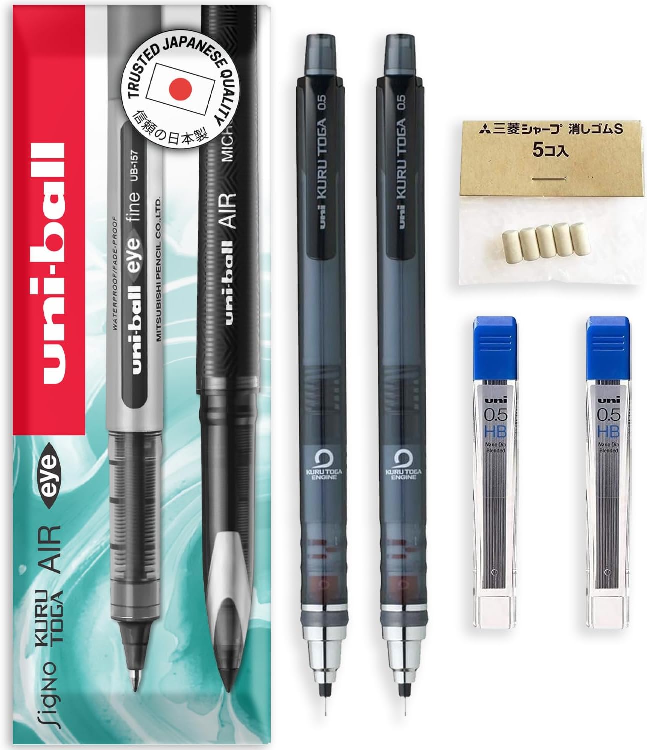 Uni Ball Kuru Toga 0.5mm - Self Sharpening Mechanical Pencil - Smoke Barrel - Pack of 2 + 24 Free Leads and 5 Free Erasers
