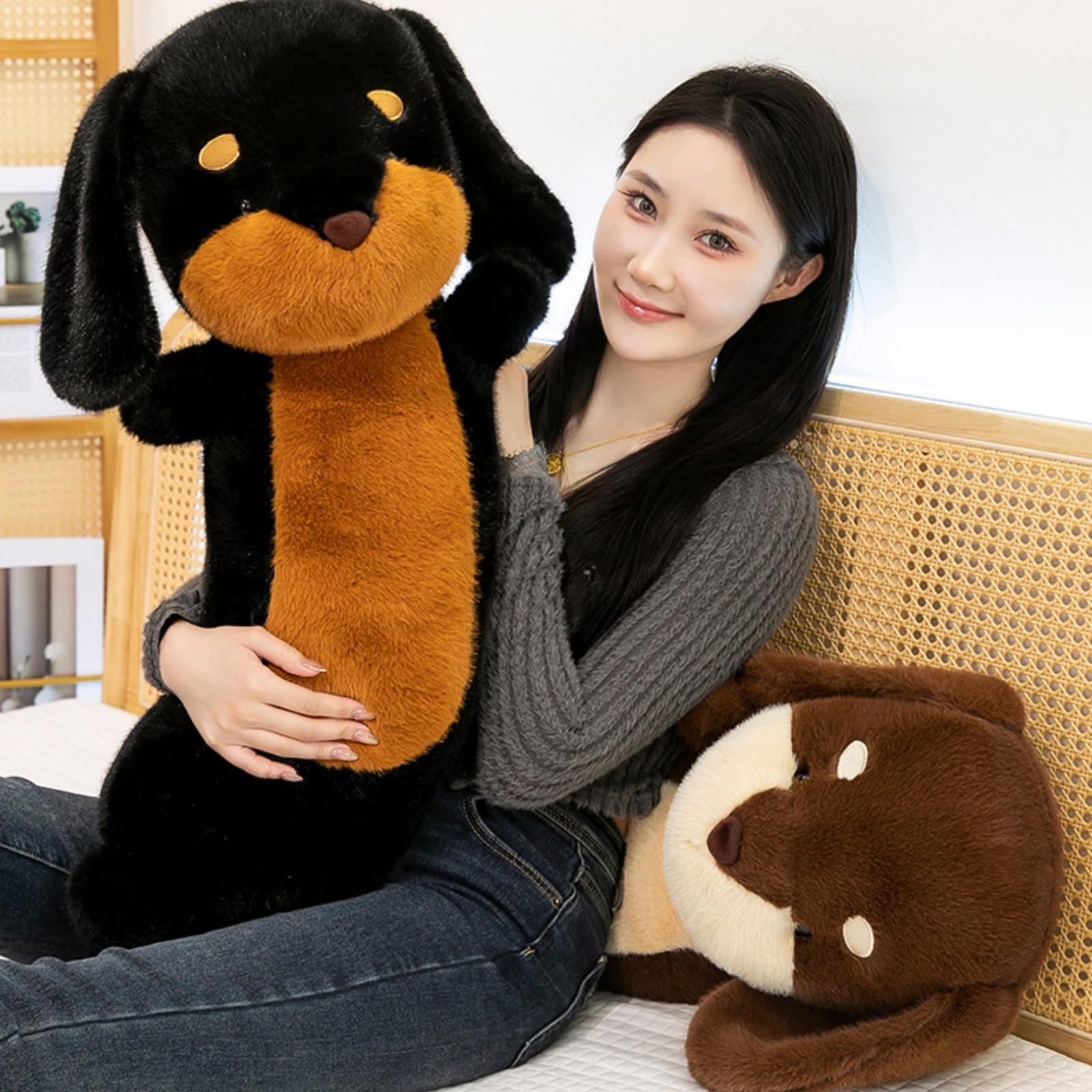champracer Kuscheltier Hund Dackel schwarz-braun Plüsch Hund Simuliertes Dackel Hund Plüschtier Flauschige und Weiches Geschenke für Kinder Jungen Mädchen (80cm,Schwarz)