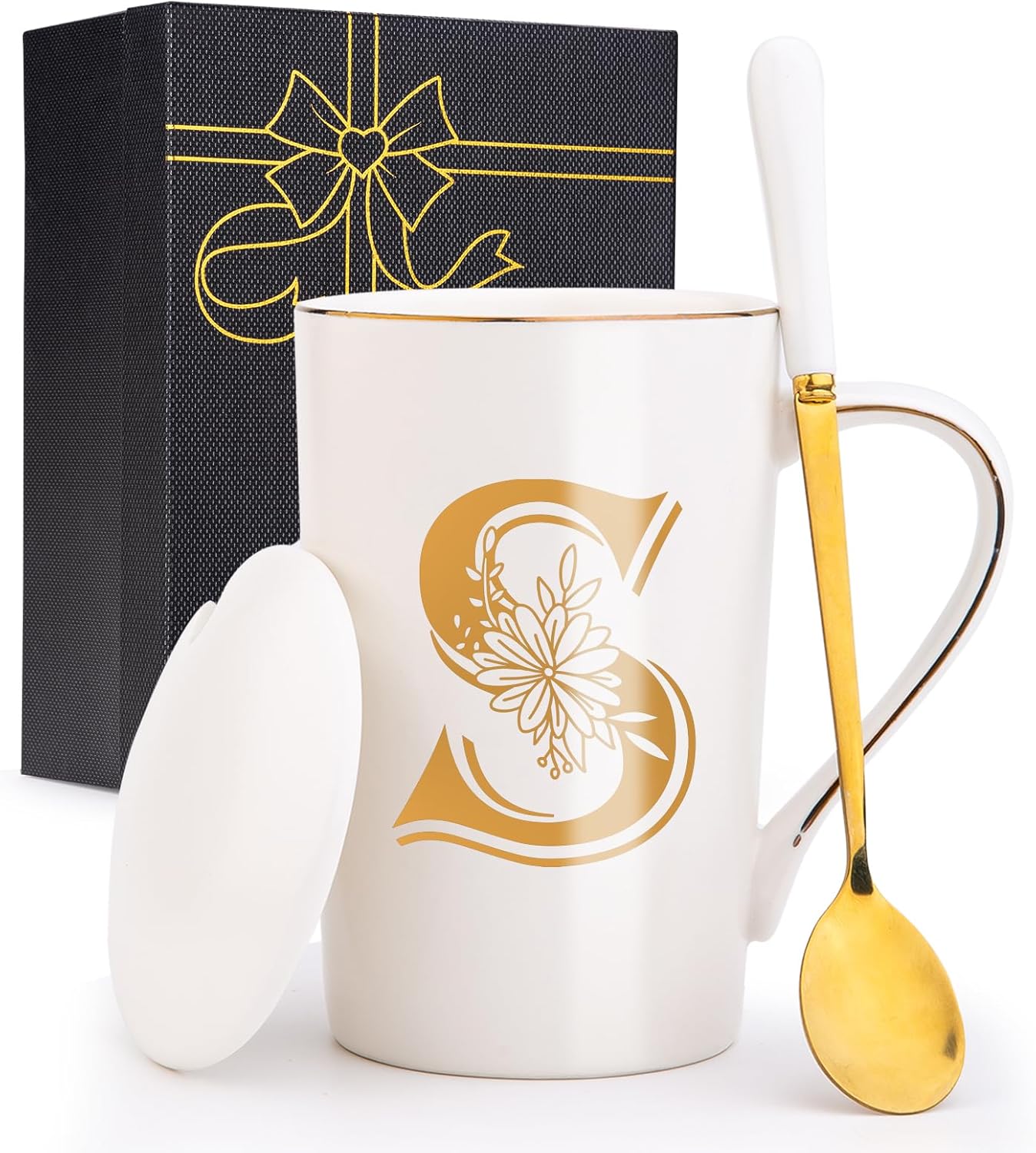 Jmugmt Letter S Personalized Initial Mugs with Flower, Letter S Personalized Coffee Mug, Customized Cool Letter Mugs for Women, Bridal Shower Gifts, Women's Initials Gifts Mug 14 OZ Matte White