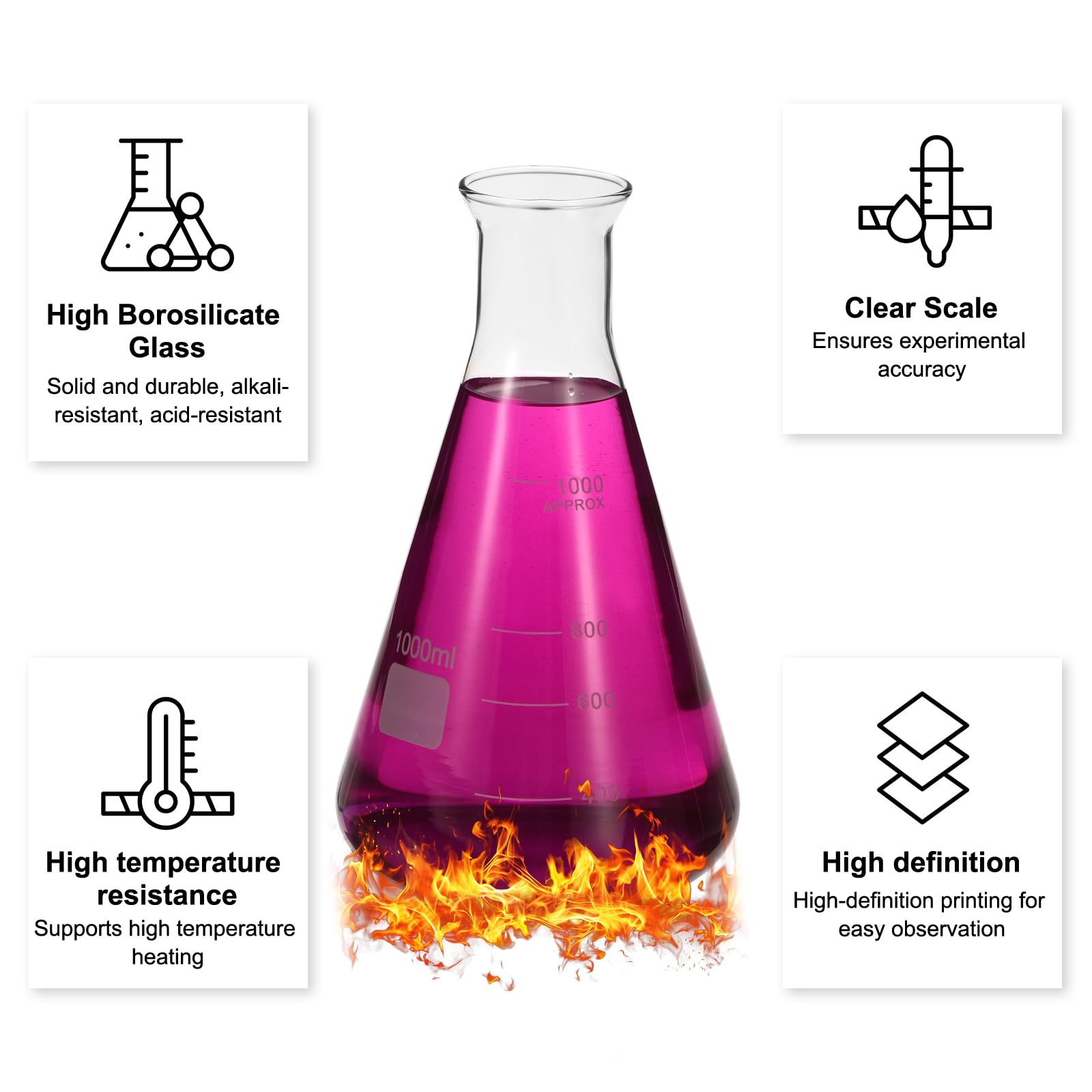 PATIKIL Matraz Erlenmeyer, 4 Piezas 1000ml 33oz Boca Estrecha Matraces Graduados De Vidrio Borosilicato Con Escala Impresa Para Laboratorio Experimentos Estudio Científico