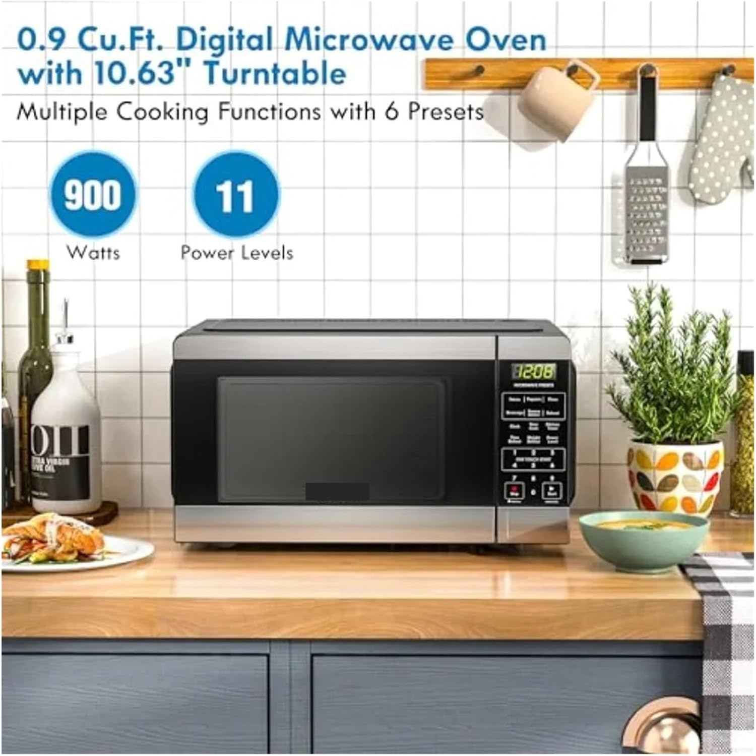 Countertop Microwave With 6 Auto-Preset Menus Child Lock Defrost Express Cooking 900 Watt 0.9 Cu Ft Stainless Steel