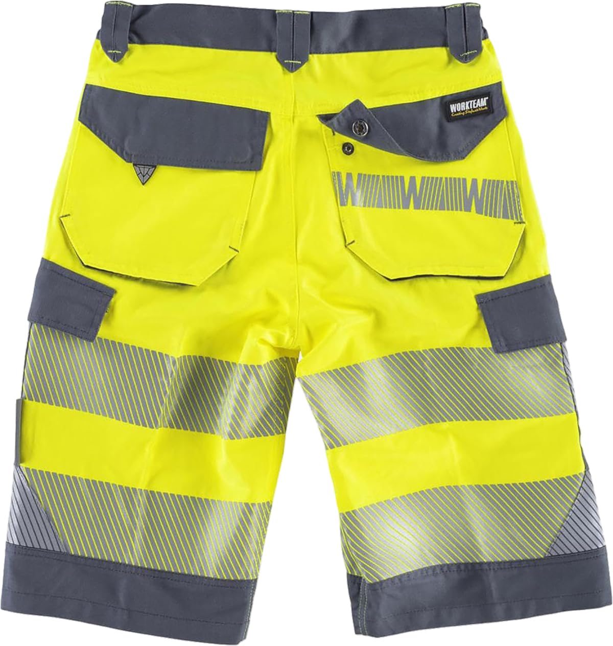 WORKTEAM Pantalón Corto de Trabajo de Alta Visibilidad EN 20471, Multibolsillos, Combinado con Cintas Reflectantes Discontinuas y Cintas Decorativas, Bermuda Trabajo. Unisex