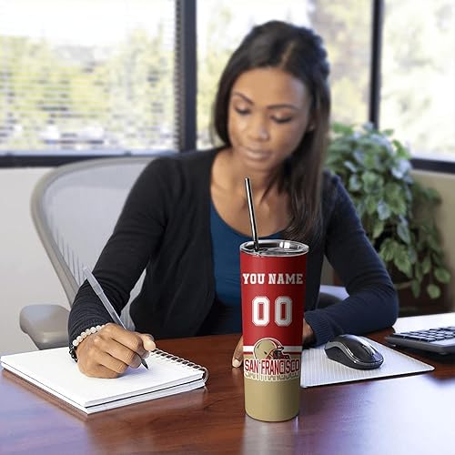 Miniatura 5 de Vaso aislado de acero inoxidable San Francisco Customs de 20 onzas con tapa y pajillas, regalos de fútbol personalizados para fanáticos, taza de
