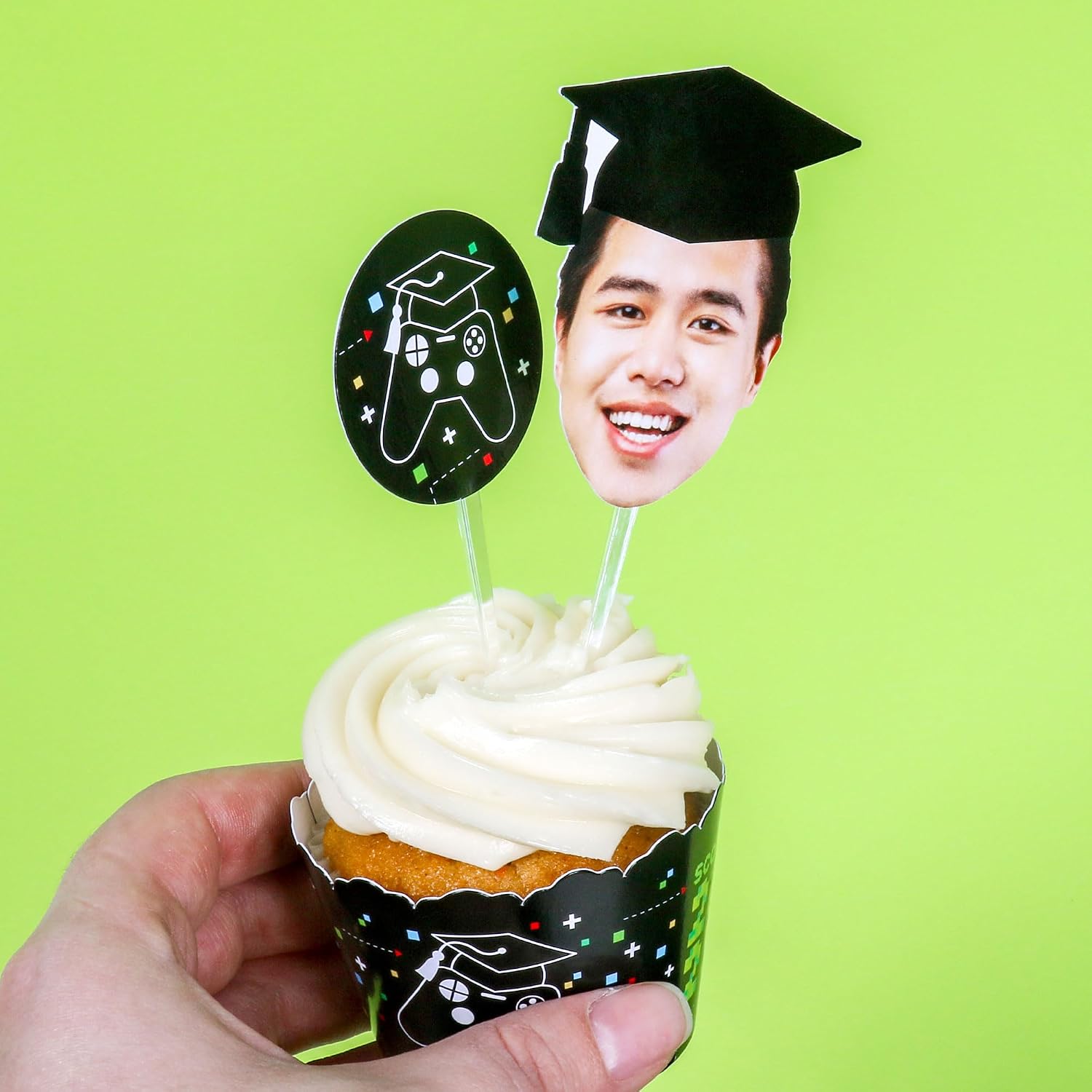 Big Dot of Happiness Grad Cap Fun Face Cutout Dessert Cupcake Toppers - Custom Graduation Photo Head Cut Out Clear Treat Picks - Upload 1 Photo - Set of 24