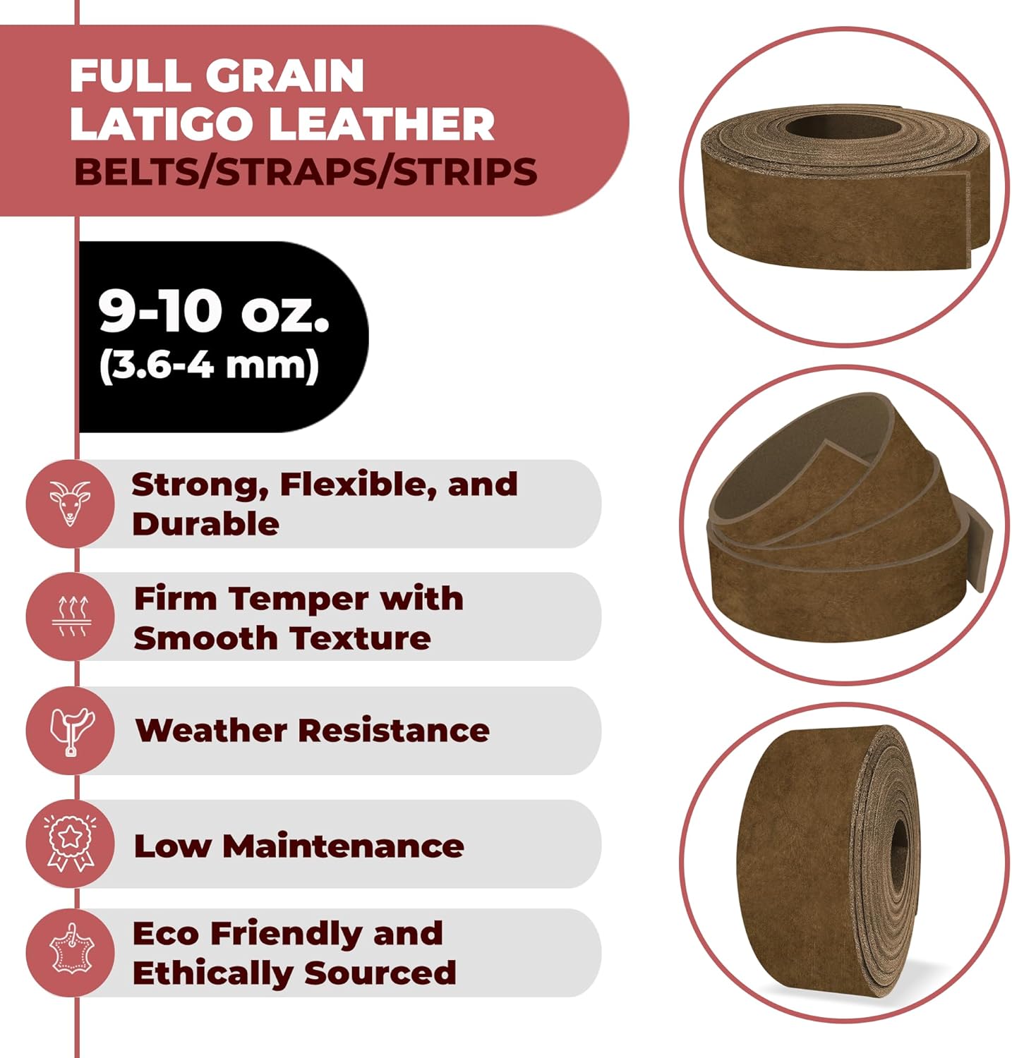 ELW 9-10 oz (3.6-4mm) Latigo Leather Belt Grade Straps & Strips | Size: 1"x84" (2.54 x 213cm) | Yellow Brown | Full Grain Cowhide, Heavy Duty Holsters, Sheathes, Saddle, Guitar Straps, DIY Crafts