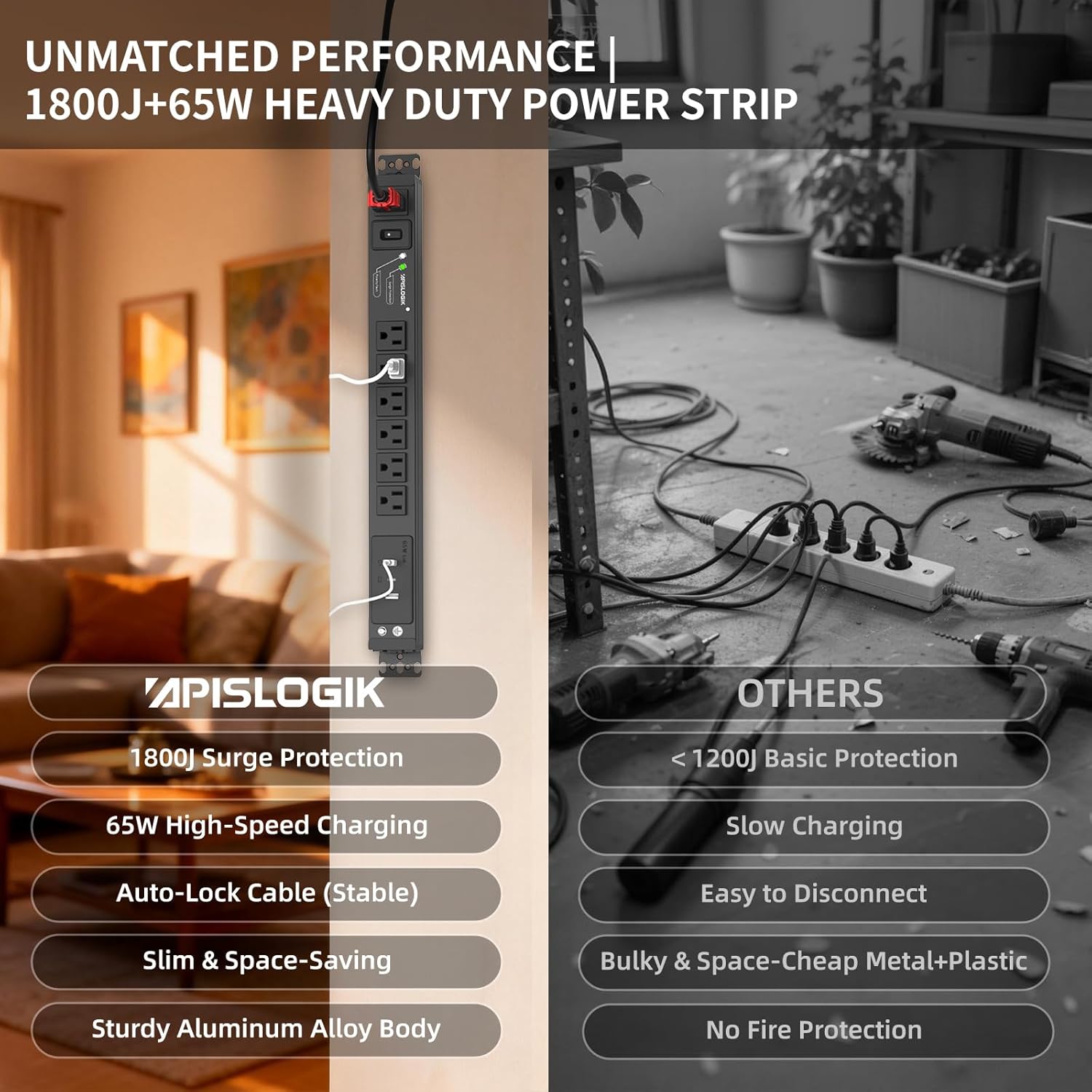 Surge Protector Power Strip, 6 Outlet Mountable PDU Power Strip with Switch, 65W Fast Charging 3 USB Ports, Heavy Duty Power Strip Surge Protector 1800J, 6 Feet Auto Lock Extension Cord, 15A/1875W