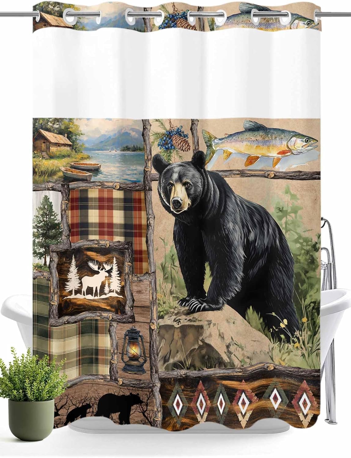 Savannan No Hook Shower Curtain with Snap in Liner, Bear Elk Fish Pine Tree Waterproof Fabric Bathroom Curtain Mesh Top Window Washable, Plaid Rustic Brown Wooden 72" x 84"