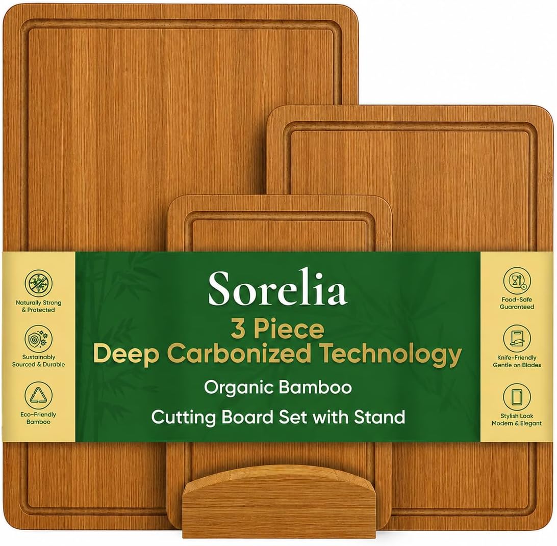 Cutting Boards for Kitchen, 3-Piece Durable Non Toxic Carbonized Bamboo Set, 2-in-1 Reversible Charcuterie Boards with Juice Groove & Side Handles, Natural Wood with Stand Included, 15/12/9 inch Set