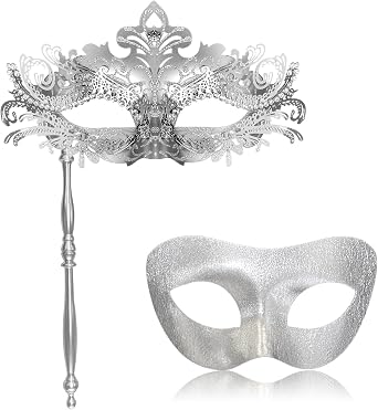 FunMular Couple Masquerade Mask with Holding Stick Metal Masks Halloween Costume Venetian Mardi Gras Mask for Women and Men
