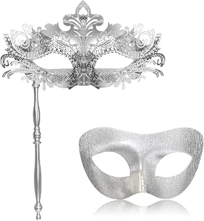 FunMular Couple Masquerade Mask with Holding Stick Metal Masks Halloween Costume Venetian Mardi Gras Mask for Women and Men
