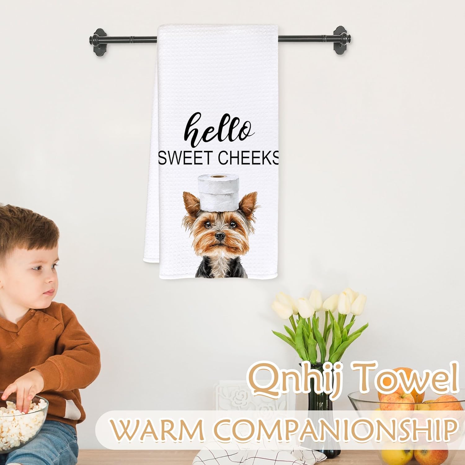 Funny Yorkshire Terrier Bathroom Hand Towels, Hello Sweet Cheeks Bathroom Decor, Yorkie Lovers Gifts Decorative Hand Towels for Bath Room Washroom Restroom, 16x24 Inch - Image 3