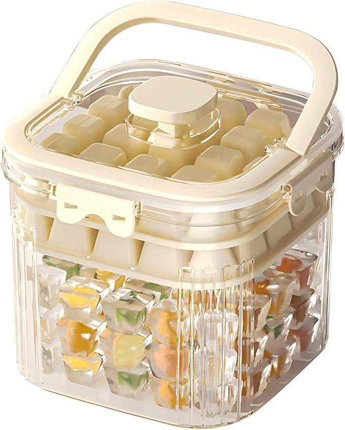 Portable Ice Bucket with 2 Ice Packs - 1-Click Release, Double-Layer Trays (48 Cubes), 100+ Storage, Compact Handheld for DIY Drinks, Baby Food, Parties & Outdoor Use (Cream Yellow)